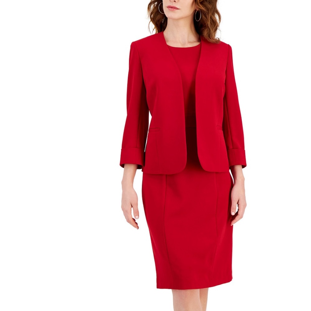 Kasper Open-Front Roll-Sleeve Jacket & Sleeveless Princess-Seam Sheath Dress